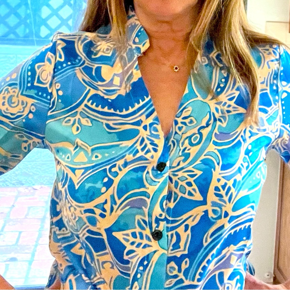 2 Pucci style print blouses in royal blue and turquoise-green.